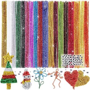 Caydo 200 Pieces Glitter Pipe Cleaners with 100 Pieces Wiggle Eyes 14 Colors Chenille Stems Metallic Sparkle Craft Pipe Cleaner for DIY Art and Crafts Creative Projects
