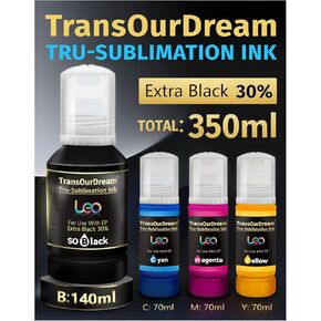 TransOurDream Tru-Sublimation Ink Extra Black 30%, 350ML Refilled Bottles Work with ET2400 ET2720 ET2760 ET2750 ET2800 ET2803 ET2850 ET4800 Inkjet Printers Heat Press Transfer on Mugs Tumblers Tshirts