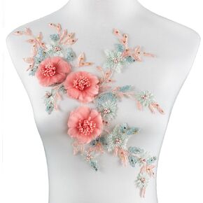 3D Embroidered Beaded Pearl Flower Fabric Colorful Rhinestones Applique, Handmade Sewing Tool for DIY Wedding Bridal Dress Floral Clothes Patches (Pink-Green-2)