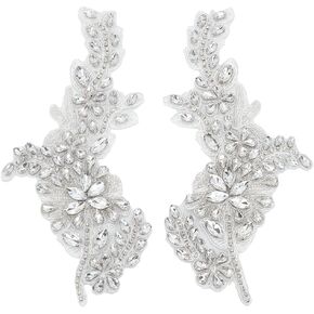 FINGERINSPIRE 2 PCS Handmade Beaded Crystal Patches Sparkly Sewing Floral Rhinestone Lace Applique Patch Clear Glass Rhinestones Embroidery Lace Patches for Wedding Dress Decoration Clothes Accessory