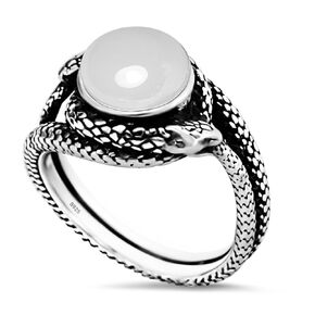 Infinity Ouroboros Snake Natural White Agate Stone Ring,Retro Sterling Silver Real Crystal Gemstone Punk Gothic Cocktail Party Mystical Magic Serpent Statement Ring for Women (A05_White Agate, 7)