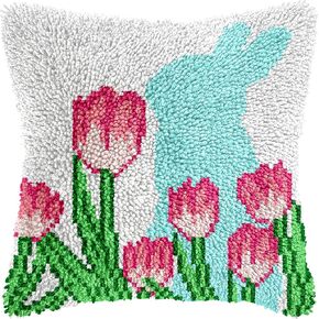 QIONG MENG Latch Hook Kits for Adults, DIY Bunny Decor Pattern Pillow Cover Kit Needlework Cushion Cover Hand Craft Crochet for Home Sofa Decorations 17 x 17 Inch