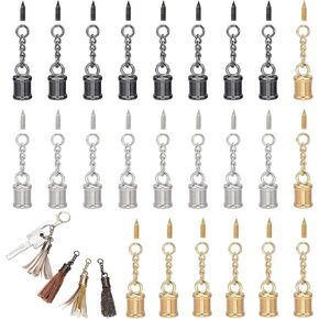 CHGCRAFT 24 Pcs 3 Colors Tassel Cord End Cap with Screw and Chain, 1 inch Leather Tassel Alloy Glue in Cord for Bag Ornament DIY Bracelet Necklace Crafts Jewelry Making
