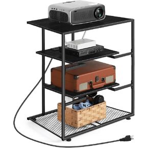 BTY AV Media Stand with Charging Station and USB Ports, 4 Tier Stereo Rack with Open Storage Shelf, Industrial Audio Tower Stand for Living Room, Media Room, Small Space, Black