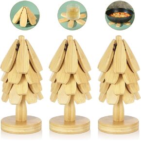 Yerliker 3 Pieces Wooden Hot Dish Trivet Set with 12 Spacers, Tree Shaped Trivet for Hot Dishes and Pans, Natural Foldable Wooden Tree Shaped Trivet for Home Use(Wood Color)