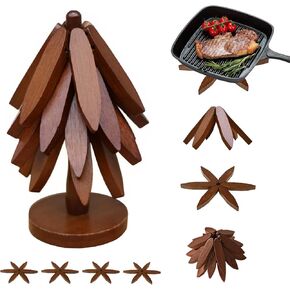 Wooden Trivet Tree, Heat Resistant, Expandable Coaster, Sapce-Saving Foldable Design, Modern Tree-Shaped Trivet Decor, Hot Dishes Holders (1 Holder + 4 Pieces, Walnut Color)