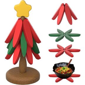 Christmas Wooden Trivets for Hot Dishes,Decorative Tree Shape Set with Holder, Heat-Resistant Hot Pads for Pots, Bowls & Pans, Natural Kitchen Accessories, （3 Wooden Trivets+1 Stand）