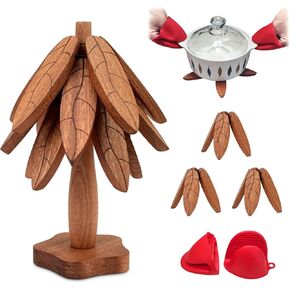 Wooden Trivets for Hot Dishes,Tree Shape Trivet Set,Wooden Tree Trivet Set,3 Wooden Trivets + 1 Stand +2 Oven Mitts，stored Like a Christmas Tree