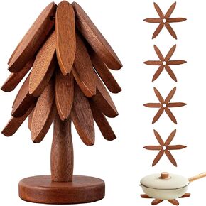 Wooden Trivets for Hot Dishes,Tree Shape Trivet Set,Foldable 4 Wooden Trivets+1 Stand, stored Like a Christmas Tree,for Hot Dishes、Pot、Bowl、Teapot、Hot Pot Holders(Walnut Wood)