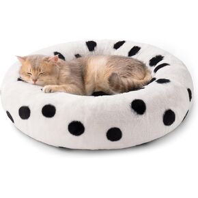 MEWOOFUN Cat Beds for Indoor Cats, Wahable Small Dogs Bed Donut Cat Bed, Round Cat Bed with Non-Slip Bottom, Cute Cat Couch Fluffy Pet Bed for Puppy and Kitten (23 inch, Black Dot Plush)