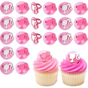DecoPac Barbie Rings, 24 Barbie Silhouette Cupcake Decorations, Pink Glitter Cake Toppers For Birthday, Parties, Celebrations - 24 Pack