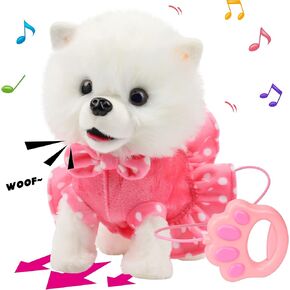 Hopearl Walking Pomeranian Interactive Electronic Pet Dog Toy Remote Control Leash Animated Puppy Nodding Barking Wagging Tail Gifts for Toddlers Birthday, White, 10''