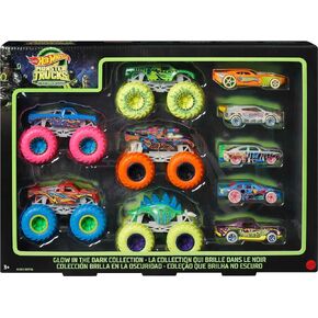 عجلات Hot Toy Monster Trucks 10 حزمة ، مجموعة من 5 توهج في الشاحنات المظلمة 1:64 و 5 سيارات Gitd 1:64 ، وعب السيارات للأطفال والجمع
