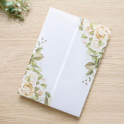 PONATIA 50PCS White Vellum Jackets for 5x7 Invitation Cards- 135GSM White Foil Print Flowers Sleeves, Vellum Paper 5x7 Wraps - Transparent Christmas Gift Cards Jackets in Kuwait