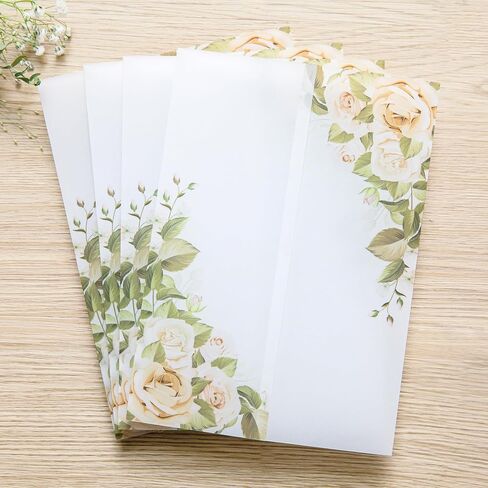 PONATIA 50PCS White Vellum Jackets for 5x7 Invitation Cards- 135GSM White Foil Print Flowers Sleeves, Vellum Paper 5x7 Wraps - Transparent Christmas Gift Cards Jackets in Kuwait