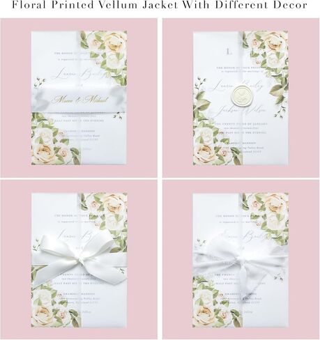 PONATIA 50PCS White Vellum Jackets for 5x7 Invitation Cards- 135GSM White Foil Print Flowers Sleeves, Vellum Paper 5x7 Wraps - Transparent Christmas Gift Cards Jackets in Kuwait