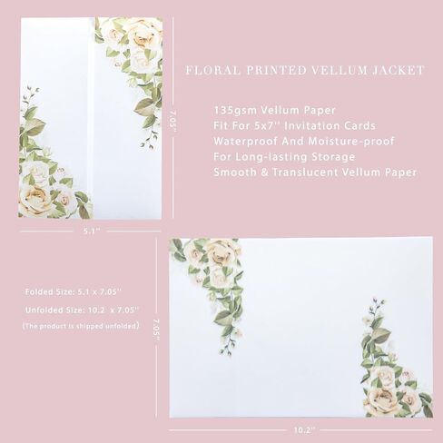 PONATIA 50PCS White Vellum Jackets for 5x7 Invitation Cards- 135GSM White Foil Print Flowers Sleeves, Vellum Paper 5x7 Wraps - Transparent Christmas Gift Cards Jackets in Kuwait