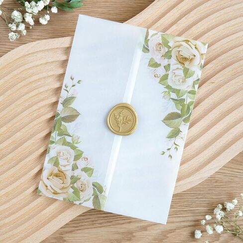 PONATIA 50PCS White Vellum Jackets for 5x7 Invitation Cards- 135GSM White Foil Print Flowers Sleeves, Vellum Paper 5x7 Wraps - Transparent Christmas Gift Cards Jackets in Kuwait