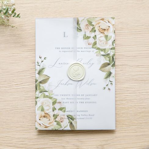 PONATIA 50PCS White Vellum Jackets for 5x7 Invitation Cards- 135GSM White Foil Print Flowers Sleeves, Vellum Paper 5x7 Wraps - Transparent Christmas Gift Cards Jackets in Kuwait