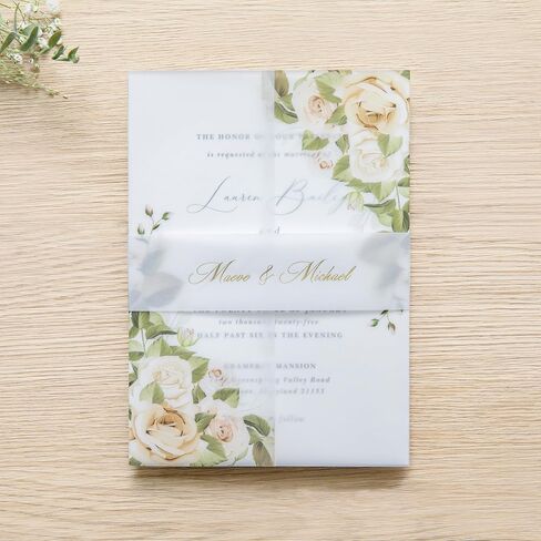 PONATIA 50PCS White Vellum Jackets for 5x7 Invitation Cards- 135GSM White Foil Print Flowers Sleeves, Vellum Paper 5x7 Wraps - Transparent Christmas Gift Cards Jackets in Kuwait