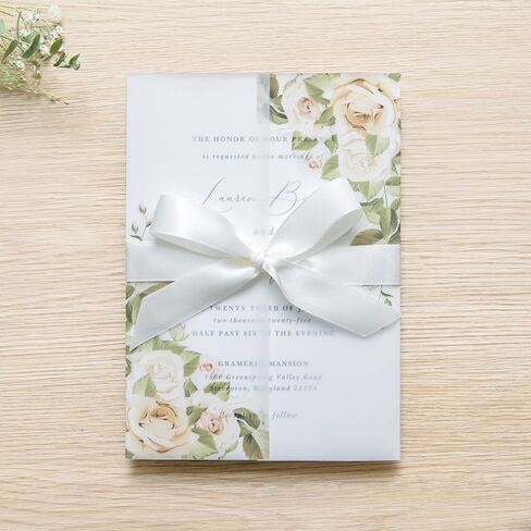 PONATIA 50PCS White Vellum Jackets for 5x7 Invitation Cards- 135GSM White Foil Print Flowers Sleeves, Vellum Paper 5x7 Wraps - Transparent Christmas Gift Cards Jackets in Kuwait