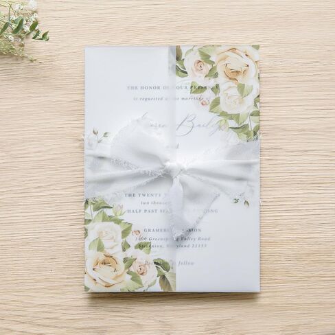 PONATIA 50PCS White Vellum Jackets for 5x7 Invitation Cards- 135GSM White Foil Print Flowers Sleeves, Vellum Paper 5x7 Wraps - Transparent Christmas Gift Cards Jackets in Kuwait
