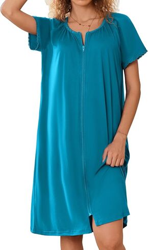Ekouaer Zipper Robes for Women Short Sleeves Knit Bathrobes Knee Length Soft Lace Trim Loungewear with Pockets S-3XL in Saudi Arabia