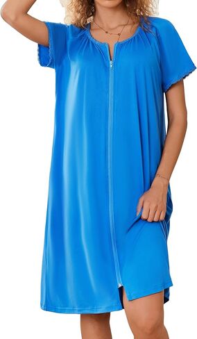 Ekouaer Zipper Robes for Women Short Sleeves Knit Bathrobes Knee Length Soft Lace Trim Loungewear with Pockets S-3XL in Saudi Arabia