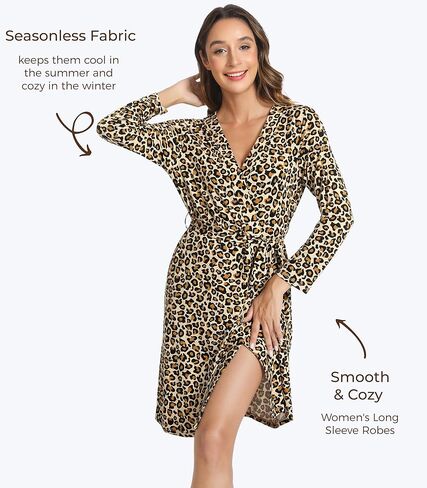 Women's Robes-Viscose Made from Bamboo, Long Sleeve Kimono Bathrobe Soft Sleepwear V Neck Casual Robe with Pockets in Kuwait