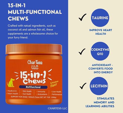 15-in-1 Multivitamin Dog or Cat Chews - Salmon Oil, Immune Support, Heart Health, Hip and Joint Health - 130 Soft Chews in Kuwait