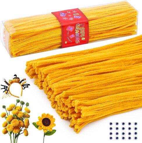 LOKUNN Pipe Cleaners, 200 Pcs Yellow Pipe Cleaners Craft Set, Solid Color Chenille Stems, DIY Arts and Crafts with Adhesive Eyes and Storage Box, Christmas Mother's Day Decoration Art Supplies in Saudi Arabia