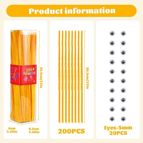 LOKUNN Pipe Cleaners, 200 Pcs Yellow Pipe Cleaners Craft Set, Solid Color Chenille Stems, DIY Arts and Crafts with Adhesive Eyes and Storage Box, Christmas Mother's Day Decoration Art Supplies in Saudi Arabia