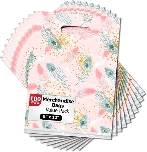 Pro Supply Global 9x12 100 Count Pink Peacock Designer Proof Boutique Parchandise Bass with Die Cut Handles Premium Printed Acags لأصحاب متاجر الأعمال الصغيرة in Kuwait