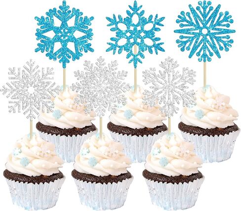 24Pcs Snowflake Cupcake Toppers Glitter Winter Frozen Theme Snowflake Deer Princess Cupcake Pick Decorations for Winter Wonderland Baby Shower Birthday Xmas Party Supplies in Kuwait