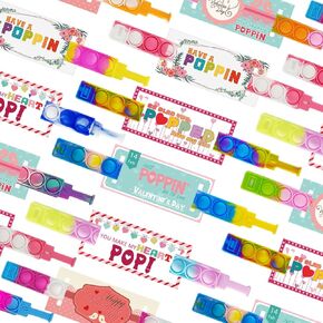 24 Pcs Valentines Day Pop Bracelet with 24Pcs Cards, Multi Color Pop Bubble Fidget Toys for School,Pop Wristband Fidget Bulk Easter Basket Stuffers Party Favor Prizes ﻿