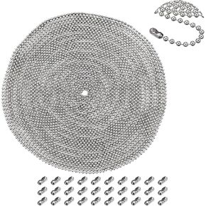 33ft Stainless Steel Ball Chain, 2.4mm Diamater Beaded Chain String with 30Pcs Connectors for Necklace Bracelets Jewelry Making Dog Tag Mens Military Keychain DIY Craft Pull Chain, Silver