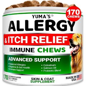YUMA'S Dog Allergy Relief Chews - Dog Itching Skin Relief Treatment Pills - 170 Treats - Anti-Itch Chewables - Itchy and Paw Licking - Hot Spots - Omega 3 Fish Oil - Dry Skin & Coat Supplement