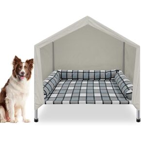 Indoor Elevated Dog Bed House - Weatherproof 2-in-1 Dog Cot Bed with Canopy Cooling Raised Pet Bed House with Pillow Portable Cozy Cat Dog House Sunshade Tent for Camping Beach