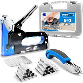 E•Werk - 5-in-1 Staple Gun Set - Heavy-Duty Stapler w/ 1500 Staples & Staple Remover for Wood, Fabric, Carpet & Wire Mesh - Hand Tacker w/Power Adjustment for Construction, Crafts & Upholstery Work