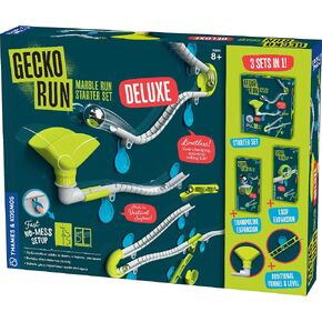 Gecko Run Marble Run Deluxe Starter Set by Thames & Kosmos – Vertical Marble Run w/Flexible Tracks, Loop & Trampoline Tricks, Fast, No-Mess Setup, Residue-Free Nano-Adhesive Pads for Creative Play