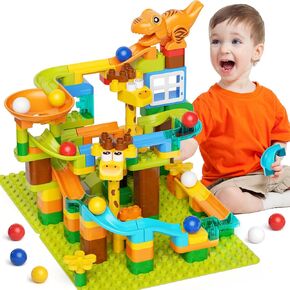 Kid Dinosaur Marble Run Building Blocks, STEM Learning Gift Toy Bricks Marble Maze Race Track Set, Big Blocks Compatible with Major Brands for Toddlers for 3 4 5 6 7 8 Year Old Boys Girls