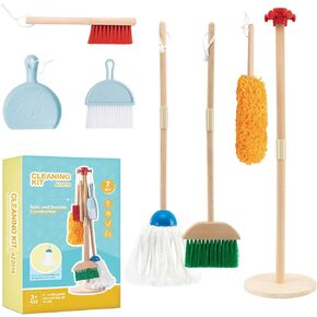 Kids Cleaning Toy Set, Wooden Toddler Cleaning Set Including Broom Mop Duster Dustpan 2 Brushes and Stand, Sturdy Actual Kids Cleaning Set in Pretend Play as Gifts for Children Age 3+
