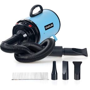 Dog Dryer for Pet Grooming, High Velocity Pet Hair Dryer with Heater, Adjustable Speed, 3 Nozzles and a Comb, Blue