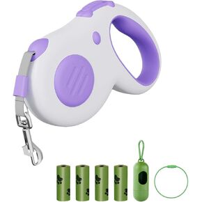 Retractable Dog Leash, 16 ft Tangle-Free Leash for Pets up to 44 lbs, Durable ABS and Aluminum Alloy Clip, Includes 4 Rolls of Poop Bags and Bag Holder, Purple and White