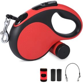 26Ft Retractable Dog Leash with Chew Proof Cable,Heavy Duty Dog Leash with Removable Poop Bags for Medium Large Dogs up to 110lbs,Strong Nylon Tape No Tangle,One-Handed Brake (White)