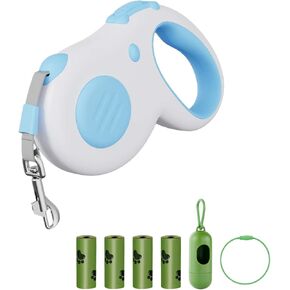 Retractable Dog Leash, 16 ft Tangle-Free Leash for Pets up to 44 lbs, Durable ABS and Aluminum Alloy Clip, Includes 4 Rolls of Poop Bags and Bag Holder, Blue and White