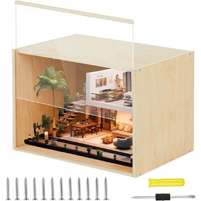 Diorama Box Unfinished Large Display Box Wooden Display Cases for Collectibles 15.7'' x 11'' x 11'' with Transparent Lid Desktop Wood Storage Container for Dolls Dollhouse Miniature Figures