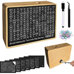 Quincunx Wooden Money Saving Box Cash Savings Box for $10000, 5000, 3000, 2000, 1000, 500 and Custom x2, Target Money Saving Challenge, kakeibo Money Box with Pen (Wood)