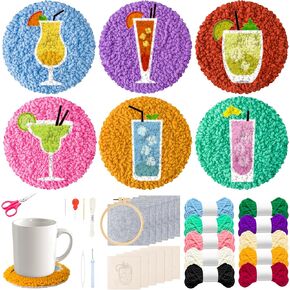 FoszaSzept Cocktail Punch Needle Coaster Kit, 22Pcs Embroidery Needle Coasters Crafts for Beginners, Easy DIY Mug Tufted Making Set with 6 Patterns Hoop Self Adhesive Felt Cloth Threading Device