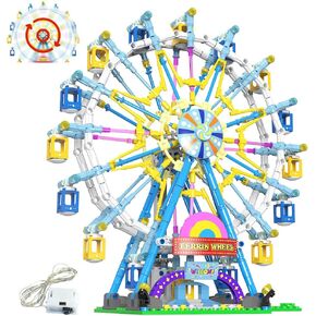 Rotating Ferris Wheel Building Blocks Set Toys with Lighting Kit, Carnival Amusement Park Construction Kits Great for Child Age 6+ Years Old（813pcs）(Blue)
